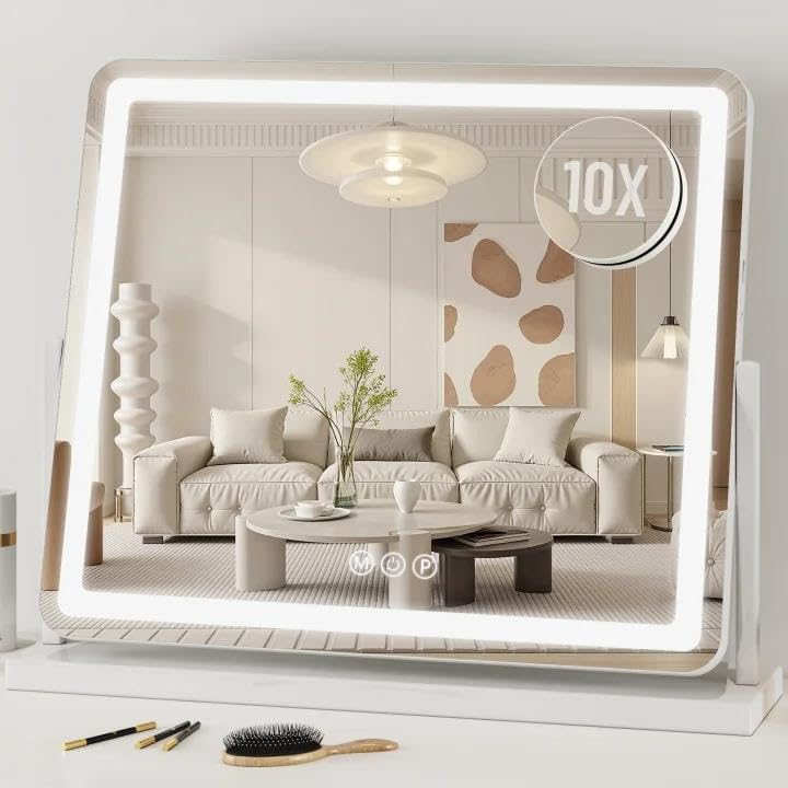 Antok Vanity Mirror with Lights, Lighted Makeup Mirror, Smart Touch, 3 Color Modes and Brightness Adjustable, LED Vanity Mirror with Detachable 10X Magnification, 360° Rotation for Makeup Desk