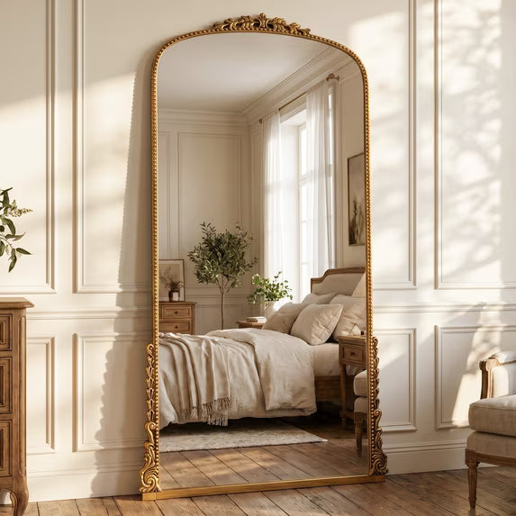Antok Ornate Arched Full Length Mirror, Vintage Carved Metal Frame Floor Mirror