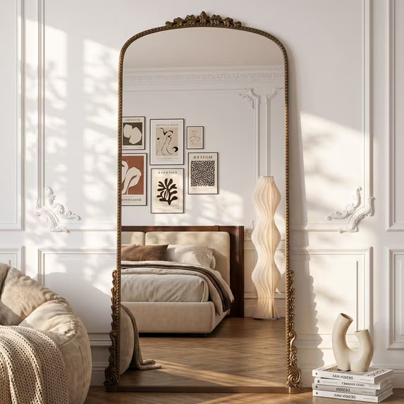 Antok Ornate Arched Full Length Mirror, Vintage Carved Metal Frame Floor Mirror