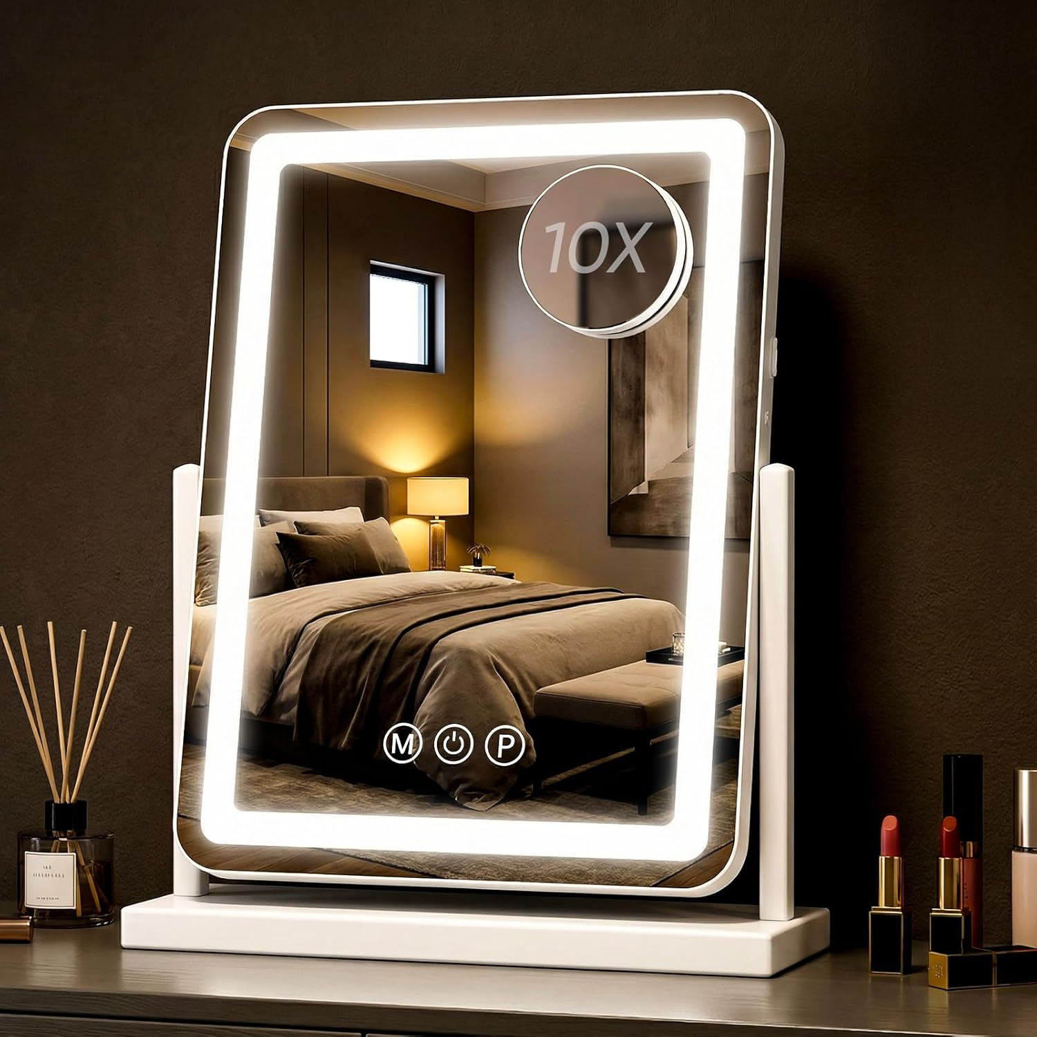 Antok Vanity Mirror with Lights, Lighted Makeup Mirror, Smart Touch, 3 Color Modes and Brightness Adjustable, LED Vanity Mirror with Detachable 10X Magnification, 360° Rotation for Makeup Desk