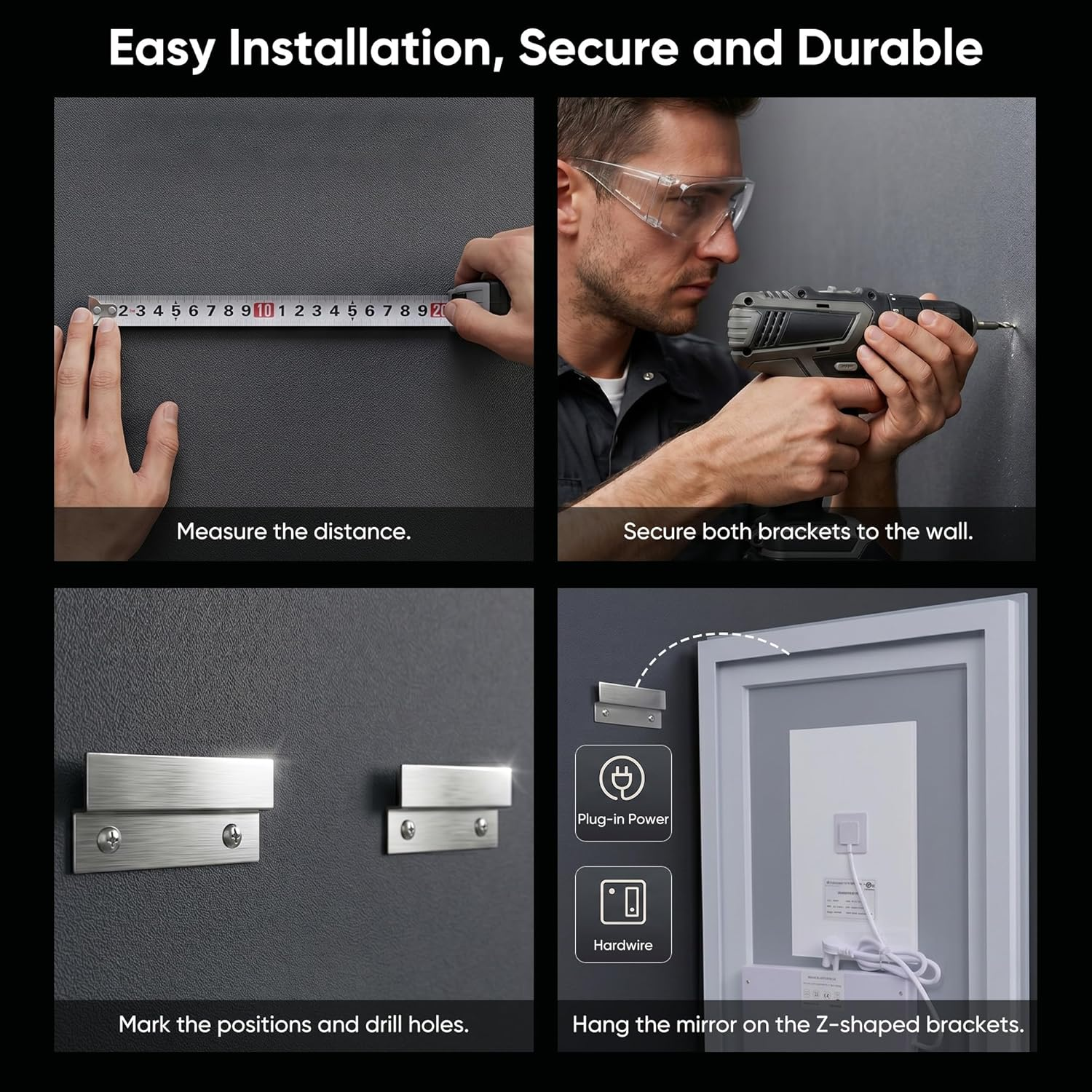 Antok LED Bathroom Mirror with Lights, Anti-Fog, Dimmable, Lighted Vanity Mirror with Tempered Glass, Memory Function, Safe Use, Horizontal, Vertical, Wall Mount