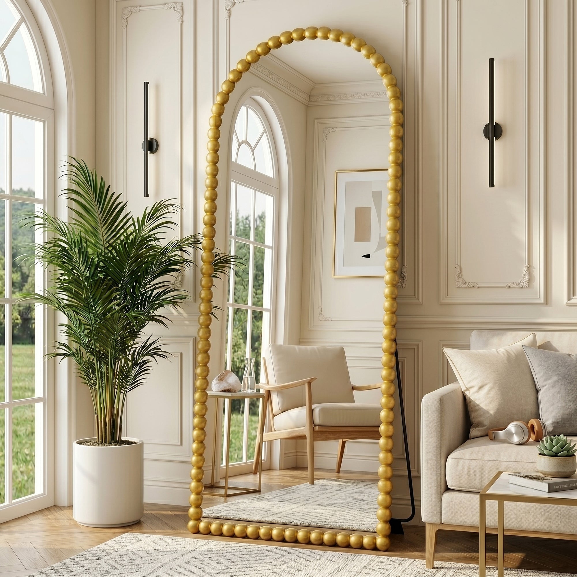 Antok Arched Full Length Mirror, Beaded Metal Frame Floor Mirror