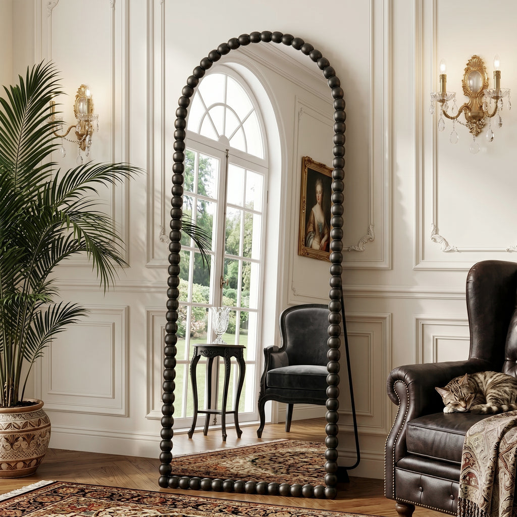 Antok Arched Full Length Mirror, Beaded Metal Frame Floor Mirror