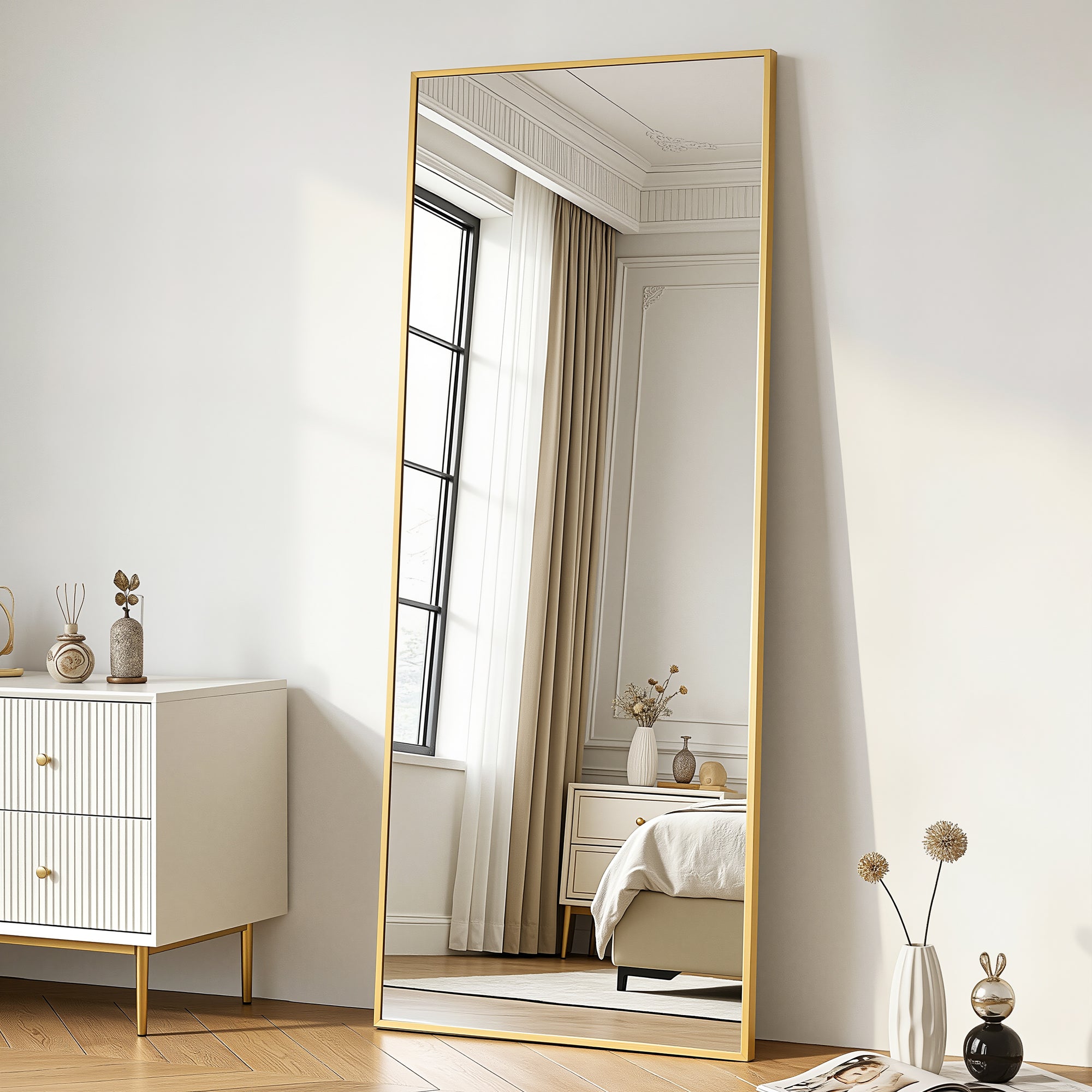 Antok Full Length Floor Mirror, Aluminum Frame, Free Standing/Wall Mount/Leaning for Bedroom, Living Room, Dressing Room