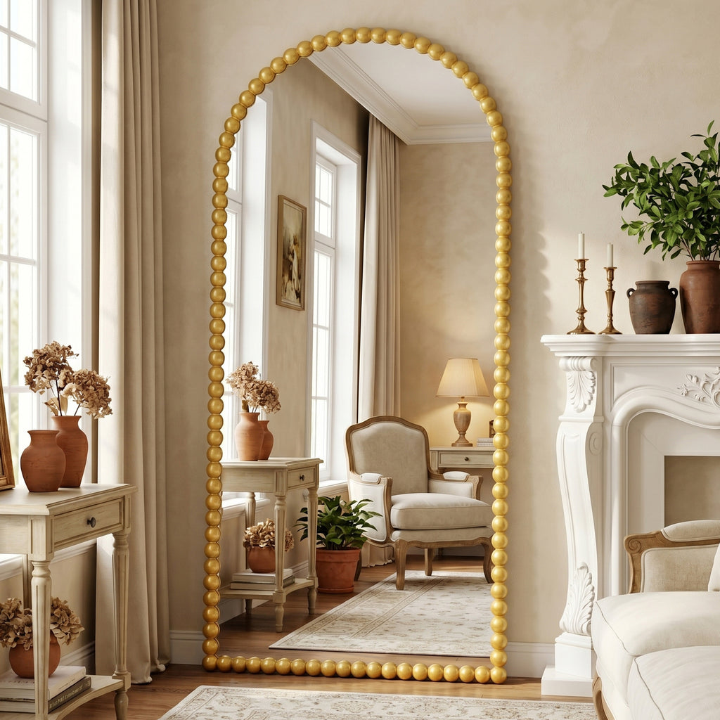 Antok Arched Full Length Mirror, Beaded Metal Frame Floor Mirror