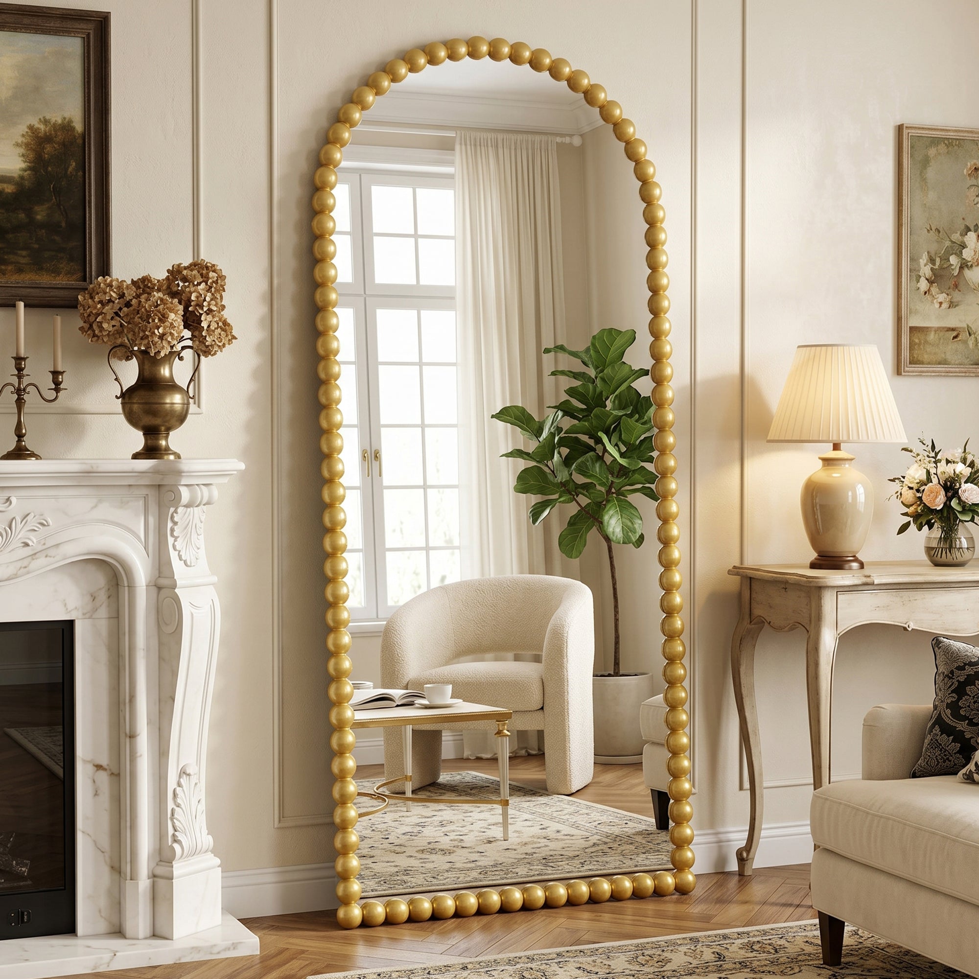 Antok Arched Full Length Mirror, Beaded Metal Frame Floor Mirror