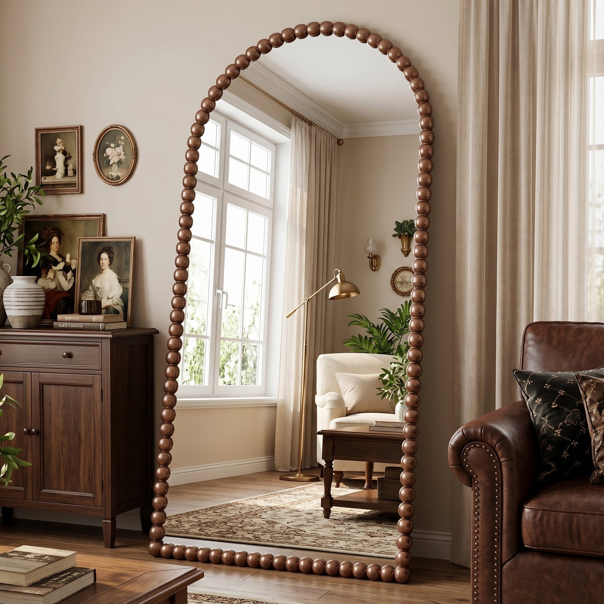Antok Arched Full Length Mirror, Beaded Metal Frame Floor Mirror