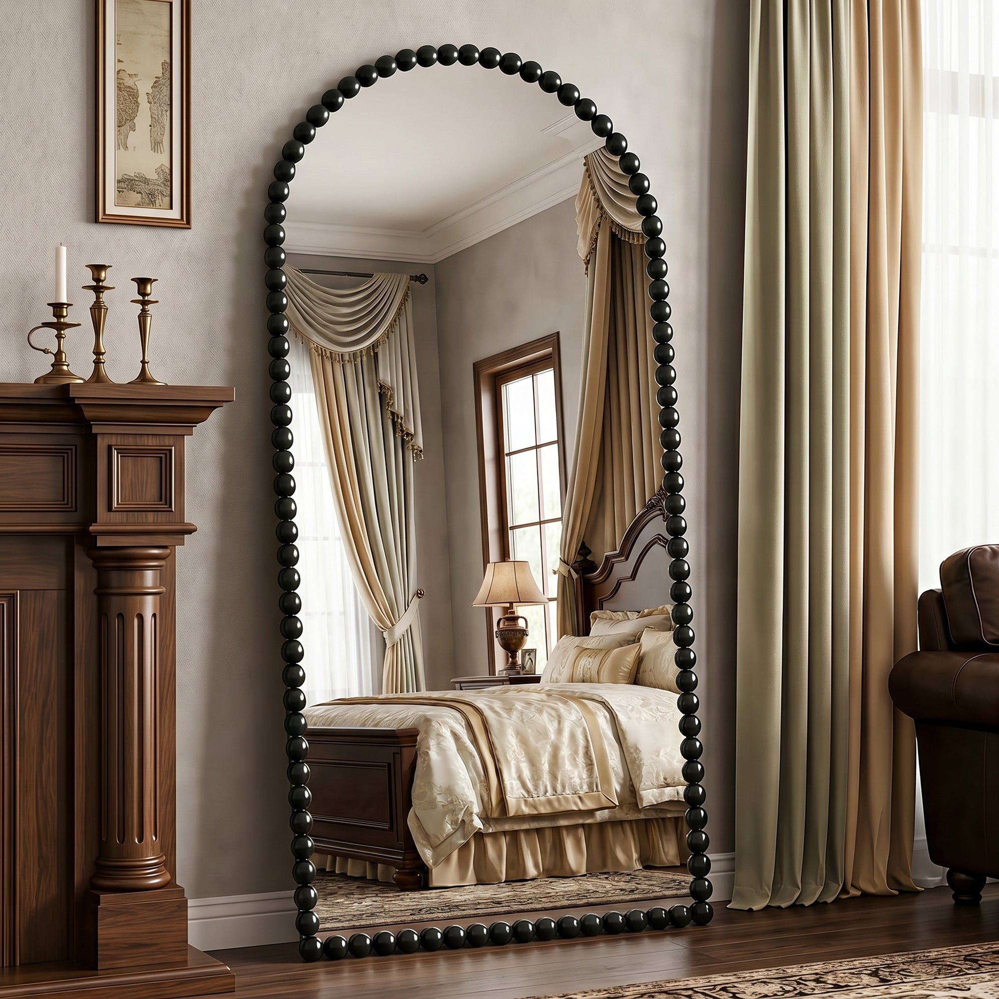 Antok Arched Full Length Mirror, Beaded Metal Frame Floor Mirror