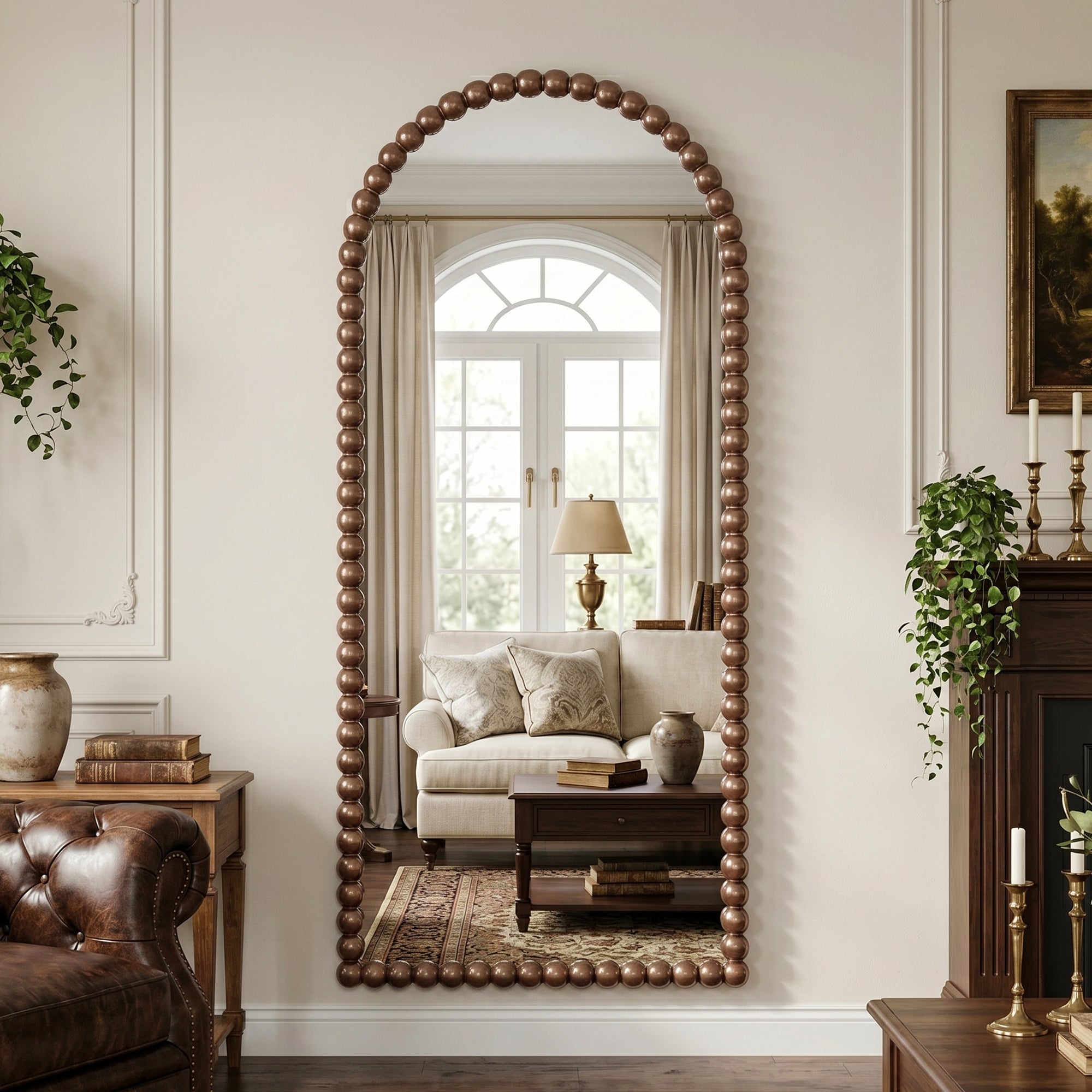 Antok Arched Full Length Mirror, Beaded Metal Frame Floor Mirror