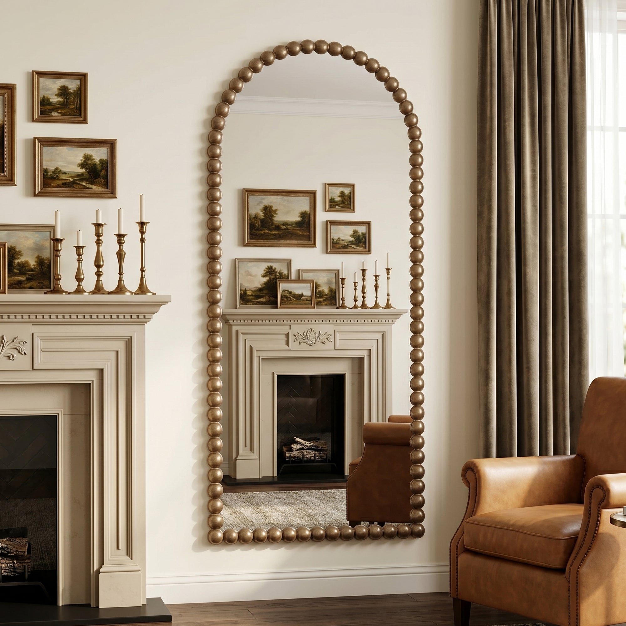 Antok Arched Full Length Mirror, Beaded Metal Frame Floor Mirror