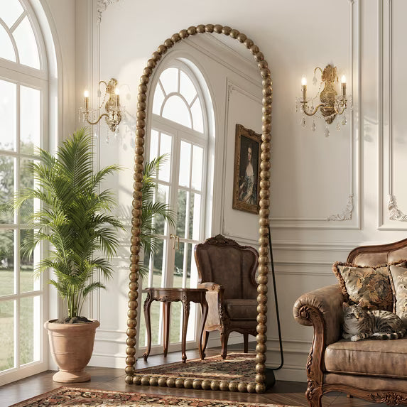 Antok Arched Full Length Mirror, Beaded Metal Frame Floor Mirror