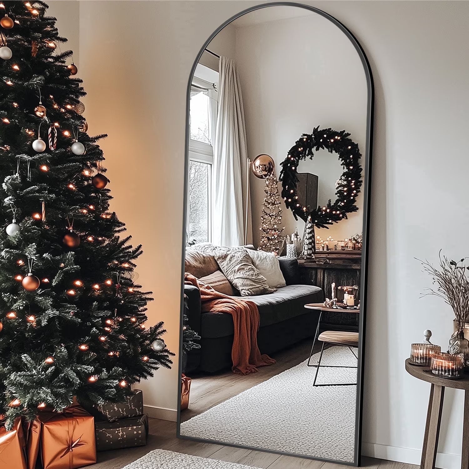 Antok Arched Full Length Mirror , Standing Floor Mirror with Black Frame, Durable Anti-Shatter Glass, Freestanding/Wall Mountable for Bedroom, Living Room, Dressing Room