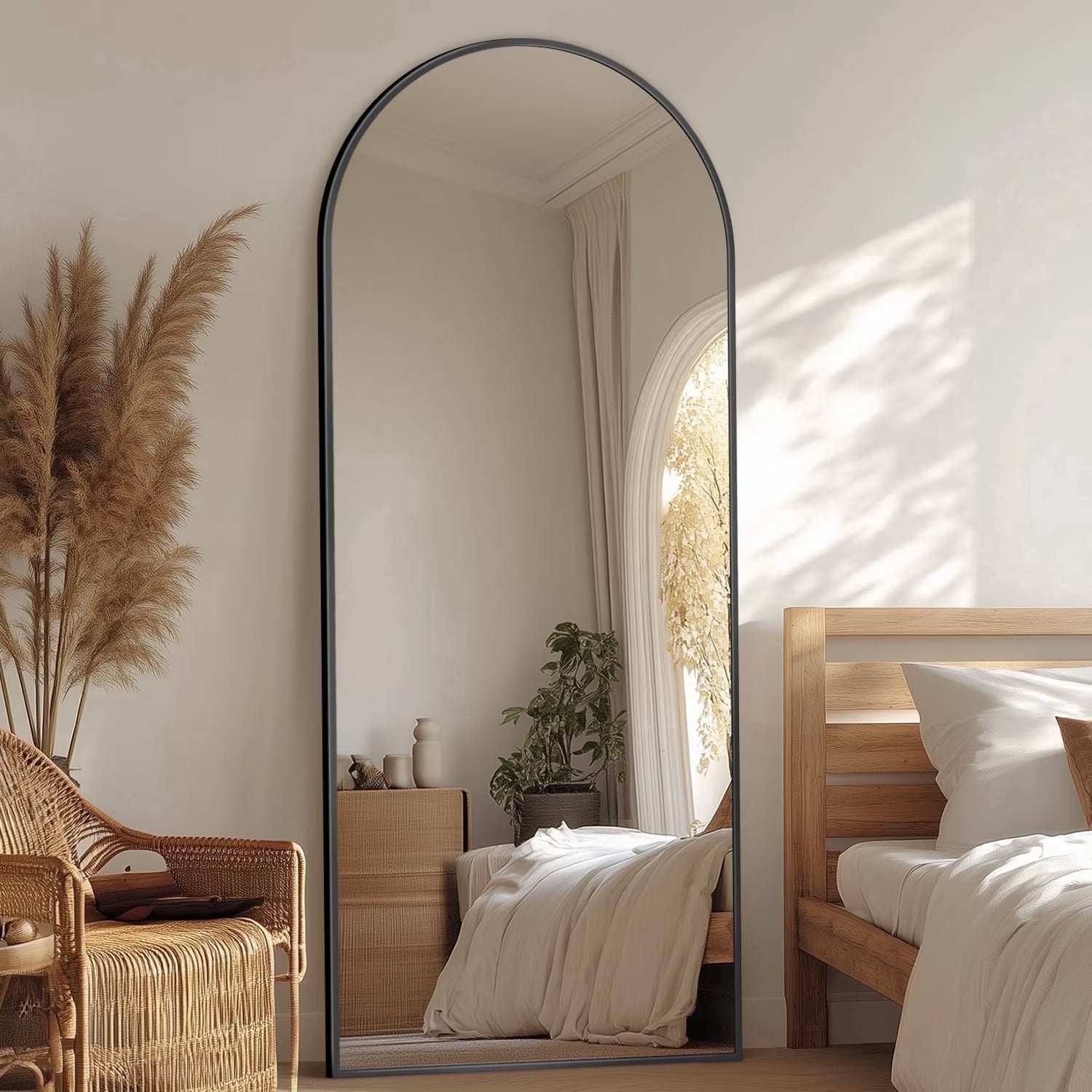 Antok Arched Full Length Mirror , Standing Floor Mirror with Black Frame, Durable Anti-Shatter Glass, Freestanding/Wall Mountable for Bedroom, Living Room, Dressing Room