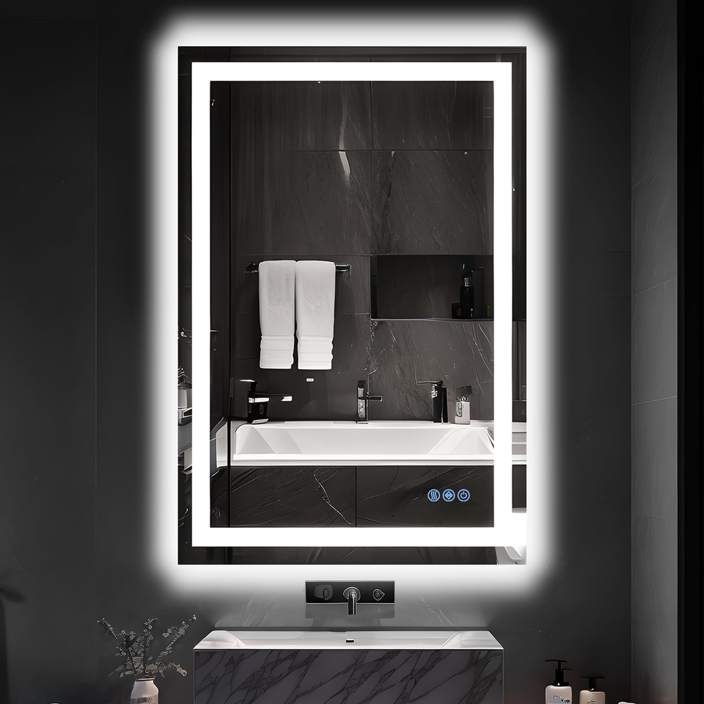Antok LED Bathroom Mirror with Lights, Anti-Fog, Dimmable, Lighted Vanity Mirror with Tempered Glass, Memory Function, Safe Use, Horizontal, Vertical, Wall Mount