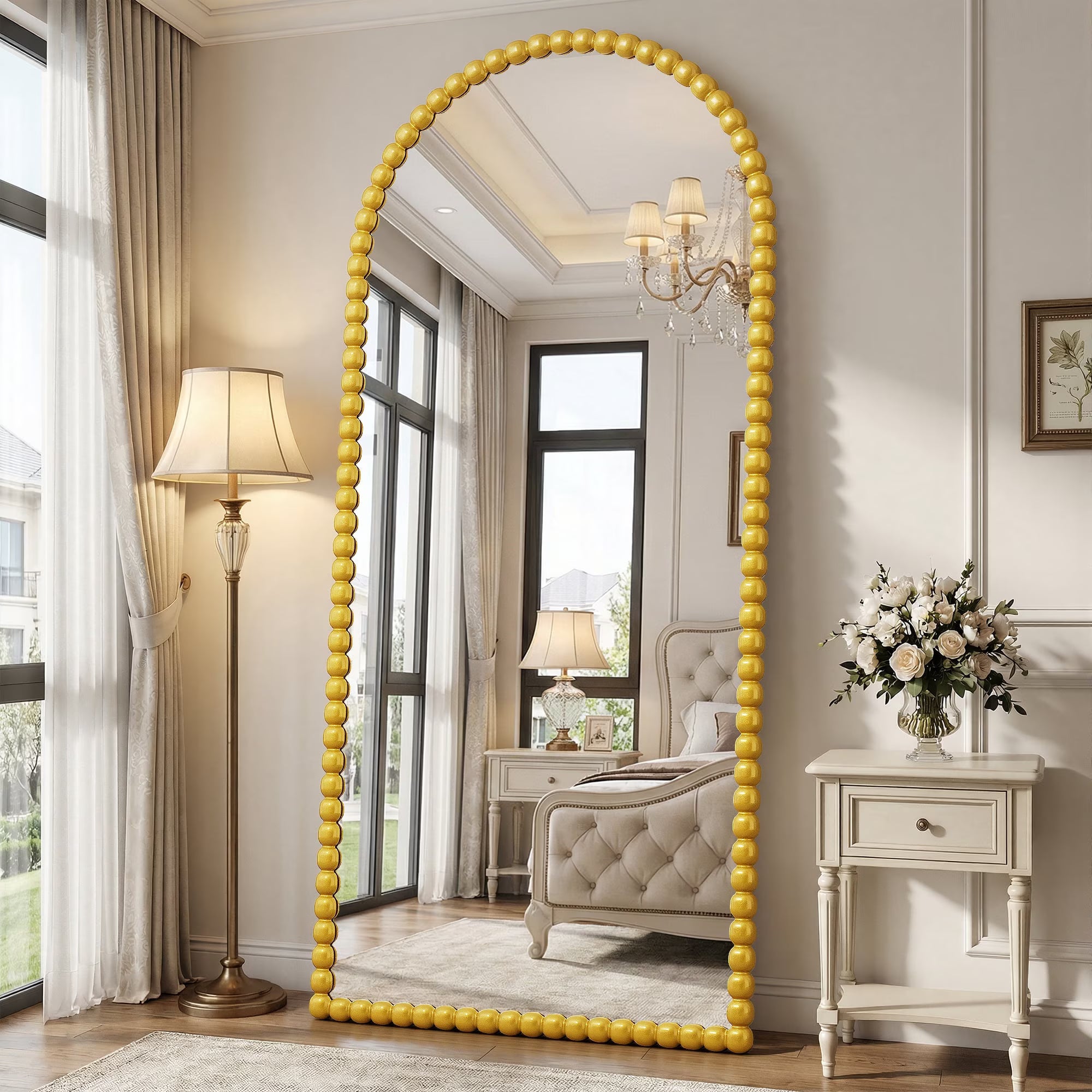 Antok Arched Full Length Mirror, Beaded Metal Frame Floor Mirror