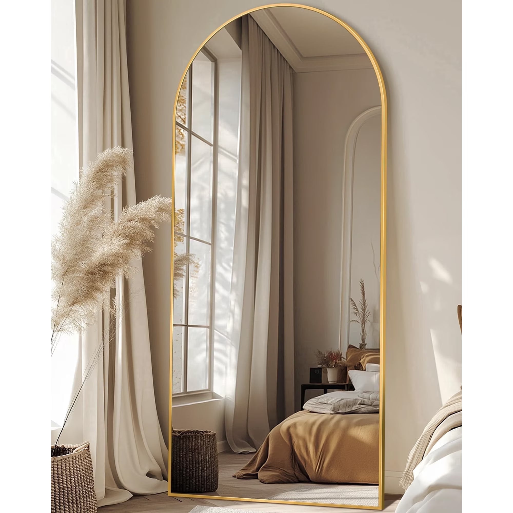 Antok Arched Full Length Mirror , Standing Floor Mirror with Black Frame, Durable Anti-Shatter Glass, Freestanding/Wall Mountable for Bedroom, Living Room, Dressing Room