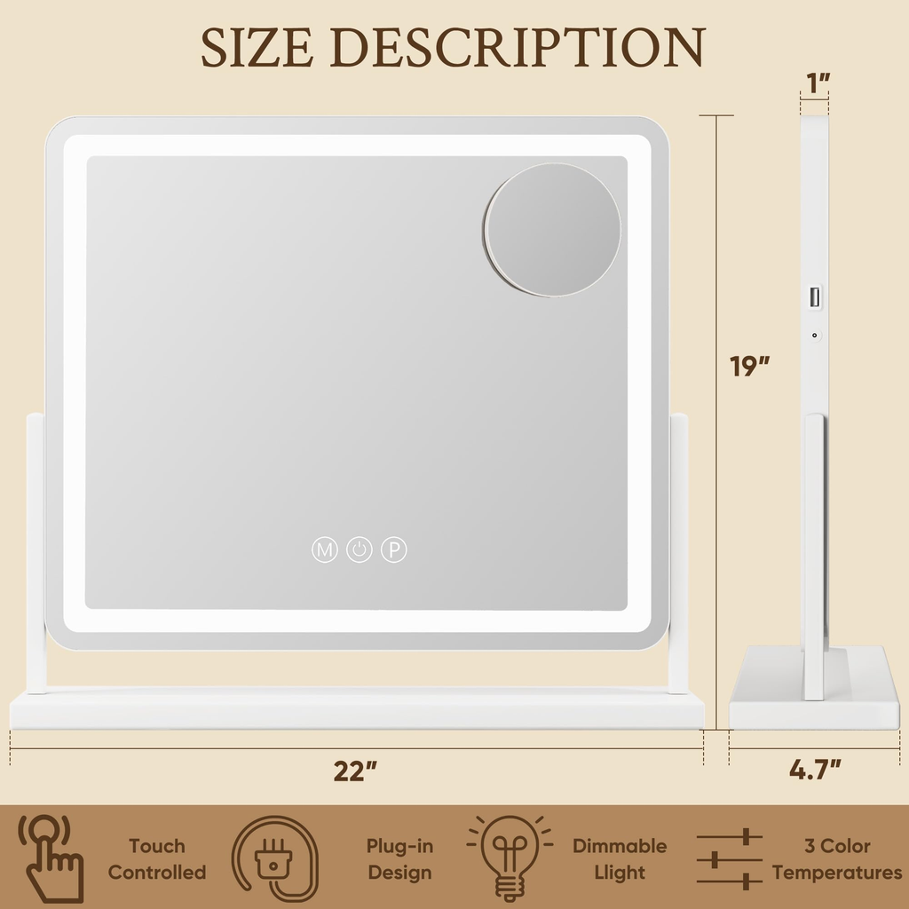 Antok Vanity Mirror with Lights, Lighted Makeup Mirror, Smart Touch, 3 Color Modes and Brightness Adjustable, LED Vanity Mirror with Detachable 10X Magnification, 360° Rotation for Makeup Desk