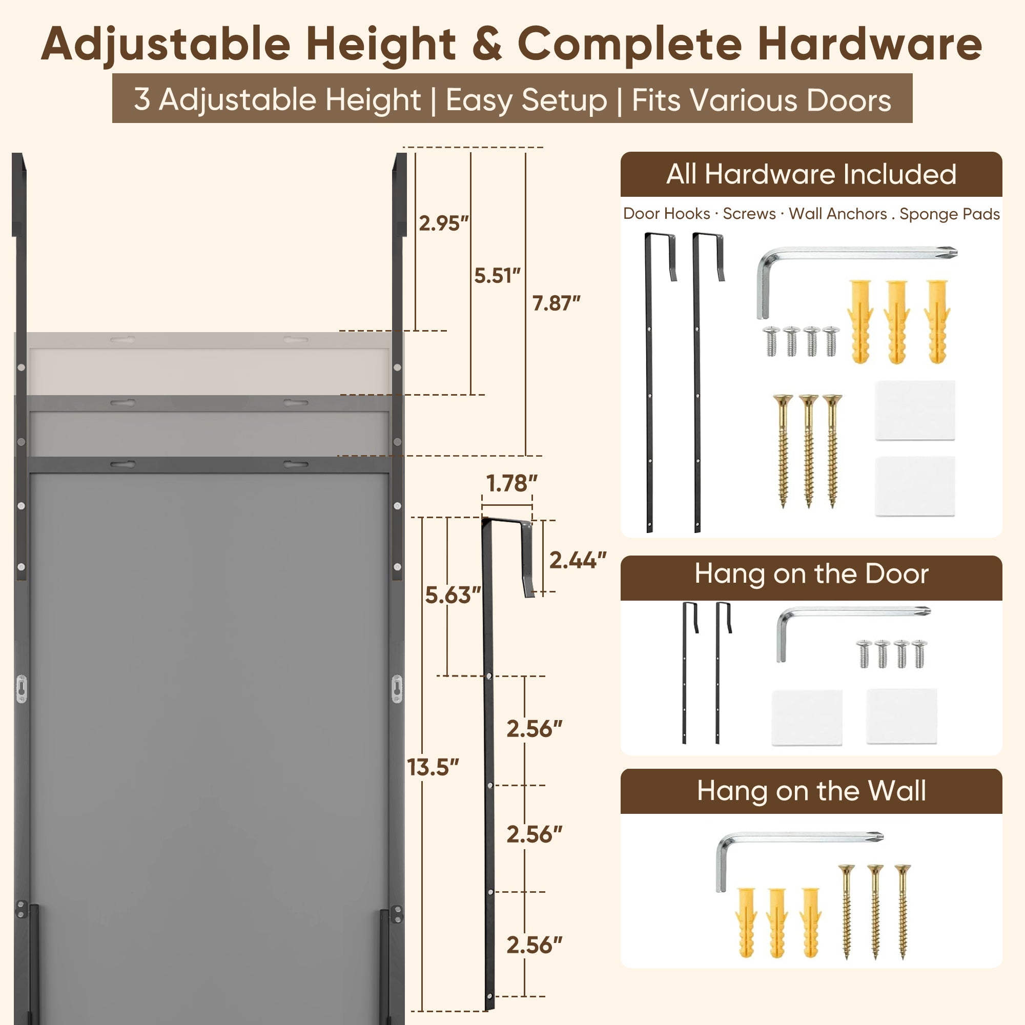 Antok Full Length Door Mirror, Over the Door Mirror with Aluminum Alloy Frame