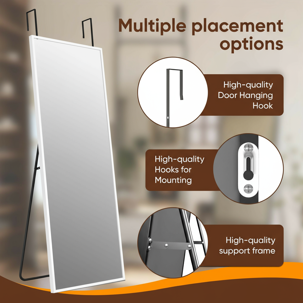 Antok 3-in-1 48" x 14.1" Full Length Mirror, Door Mirror, Wall-Mounted Mirror - Stands, Leans on Wall or Hangs