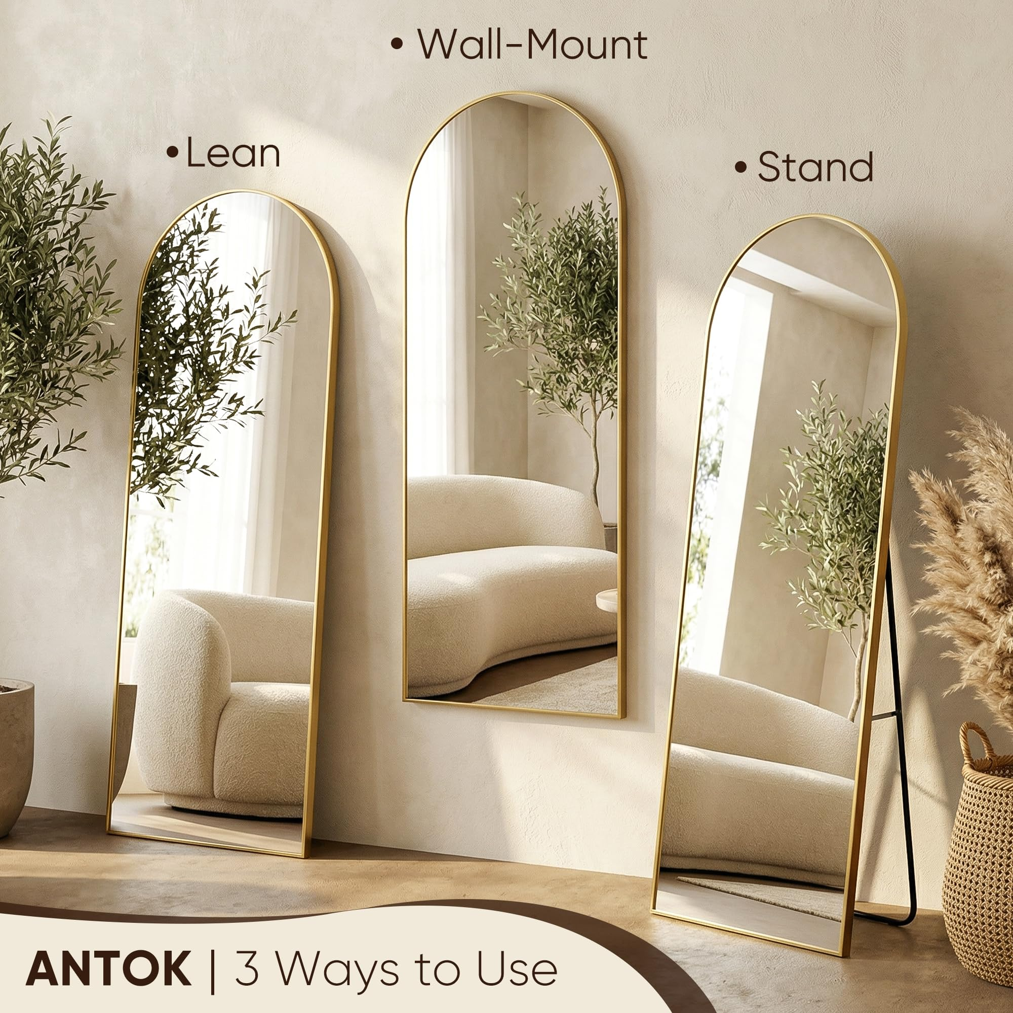 Antok Full Length Floor Mirror, Aluminum Frame, Free Standing/Wall Mount/Leaning for Bedroom, Living Room, Dressing Room