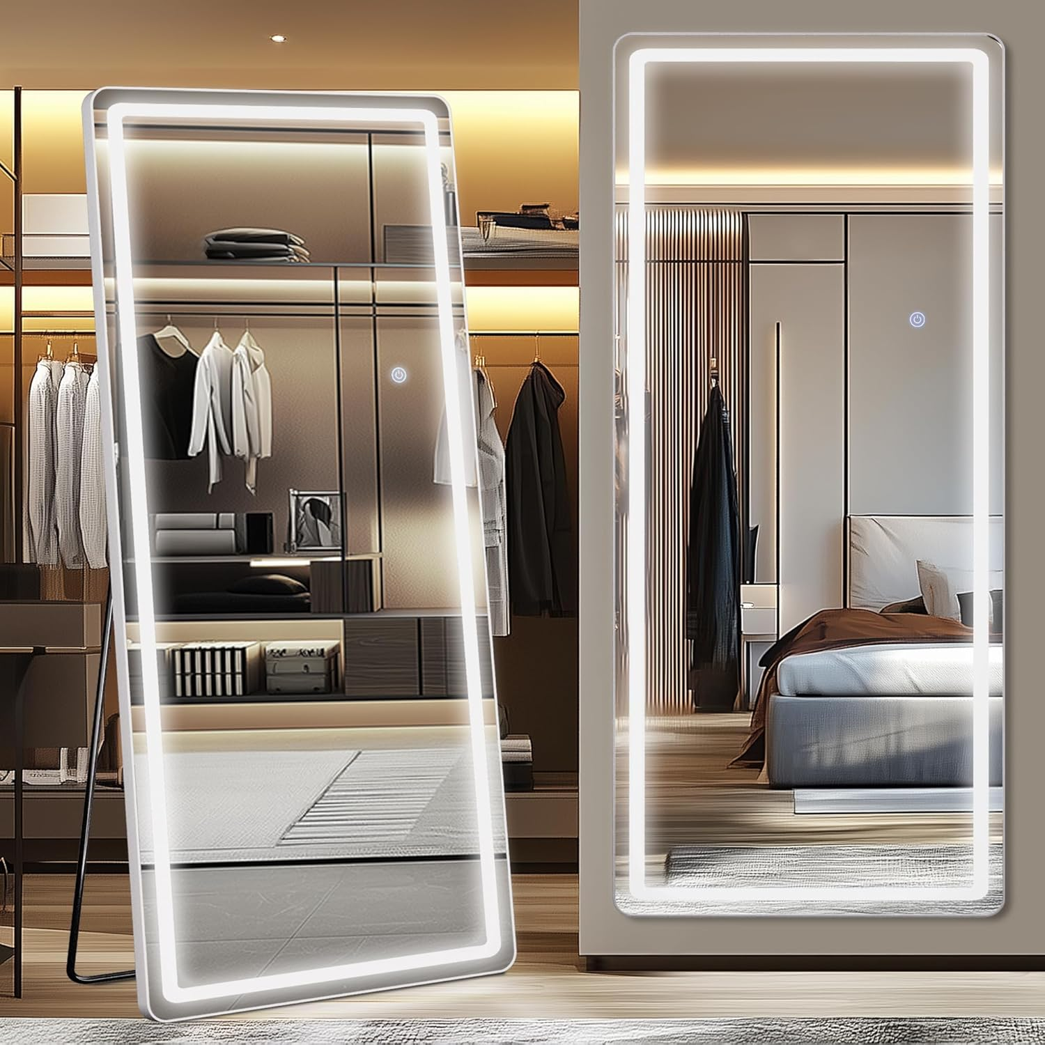 Antok LED Full Length Mirror with Light, Lighted Full Body Mirror with Stand, Dimmable & 3 Color Lighting Standing/Leaning/Wall Mounted Vanity Mirror for Bedroom Cloakroom Livingroom