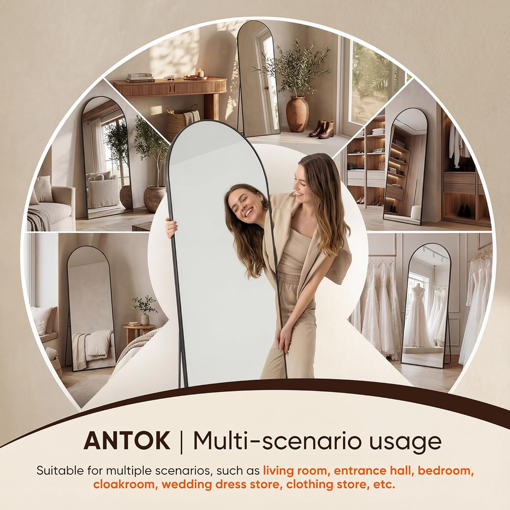 Antok Full Length Floor Mirror, Aluminum Frame, Free Standing/Wall Mount/Leaning for Bedroom, Living Room, Dressing Room