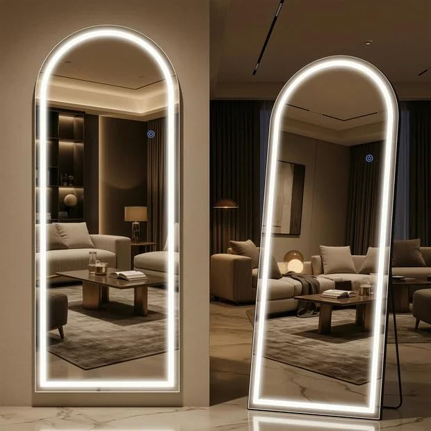 Antok LED Full Length Mirror with Light, Lighted Full Body Mirror with Stand, Dimmable & 3 Color Lighting Standing/Leaning/Wall Mounted Vanity Mirror for Bedroom Cloakroom Livingroom