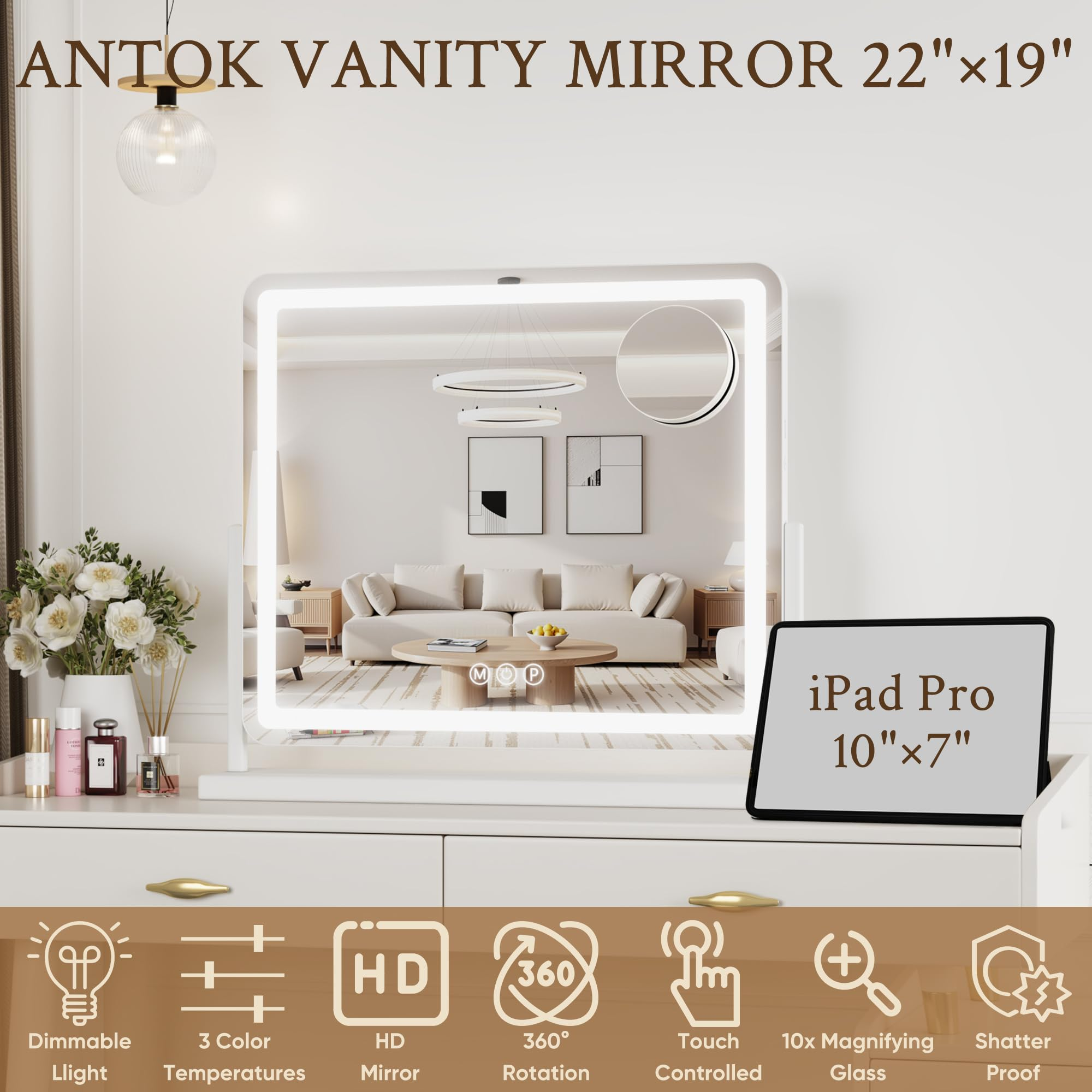 Antok Vanity Mirror with Lights, Lighted Makeup Mirror, Smart Touch, 3 Color Modes and Brightness Adjustable, LED Vanity Mirror with Detachable 10X Magnification, 360° Rotation for Makeup Desk