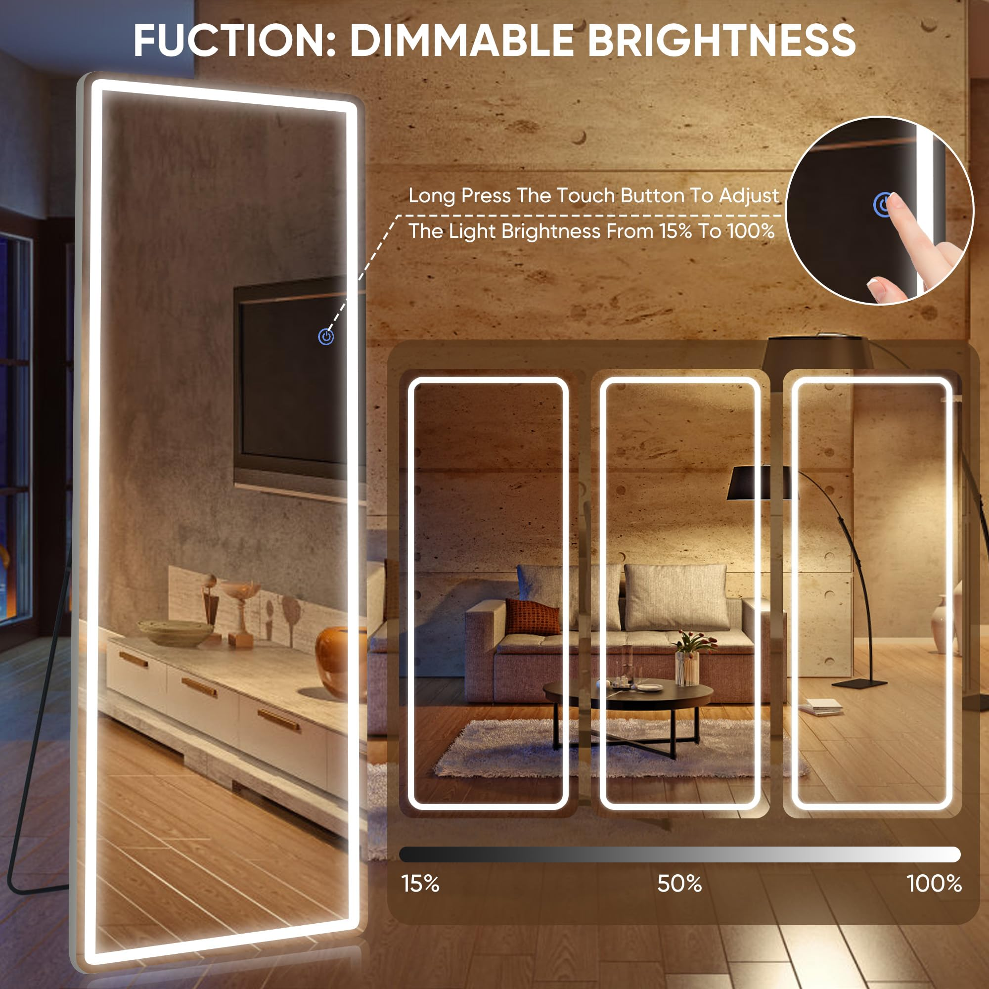 Antok LED Full Length Mirror with Light, Lighted Full Body Mirror with Stand, Dimmable & 3 Color Lighting Standing/Leaning/Wall Mounted Vanity Mirror for Bedroom Cloakroom Livingroom