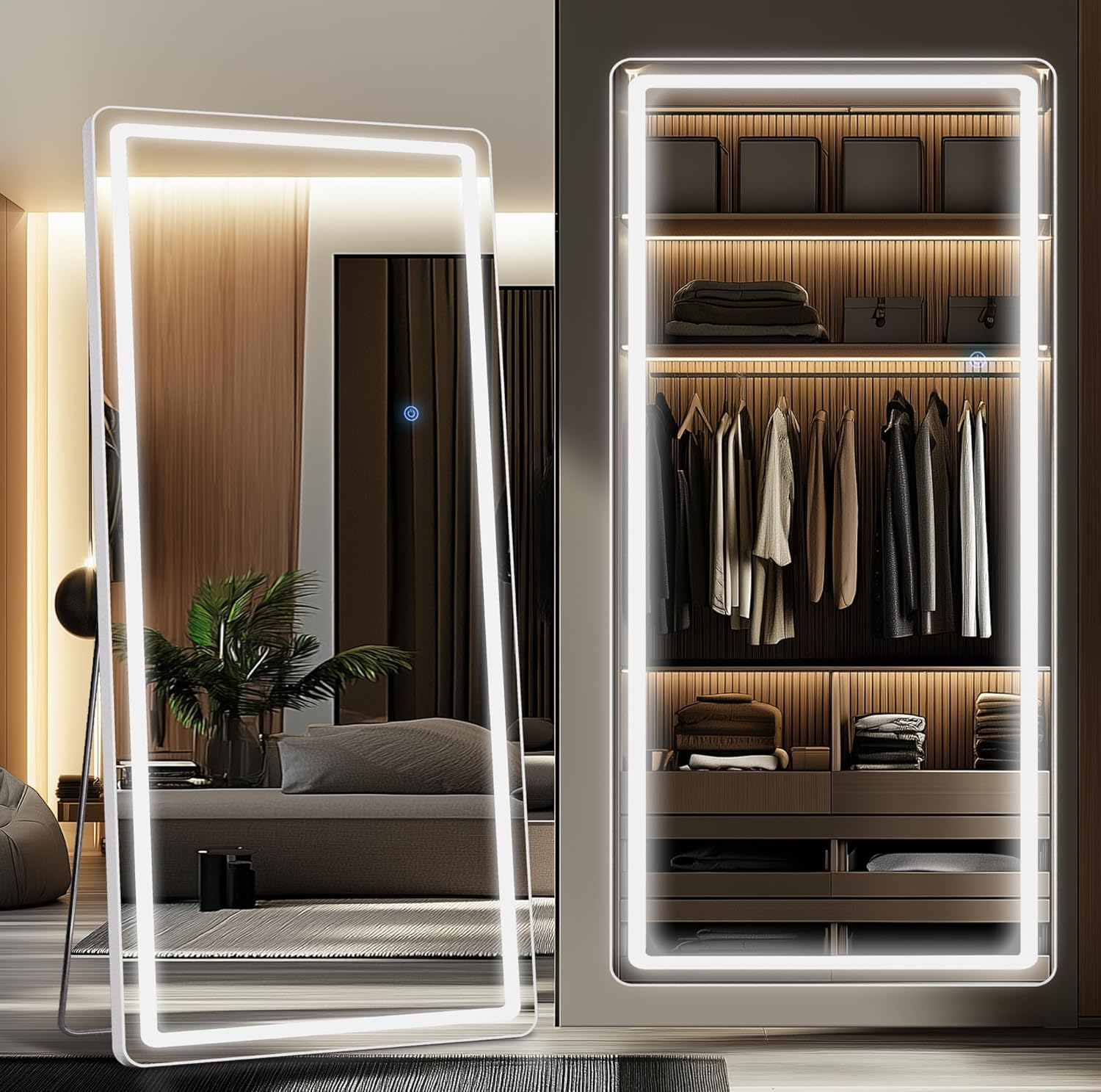 Antok LED Full Length Mirror with Light, Lighted Full Body Mirror with Stand, Dimmable & 3 Color Lighting Standing/Leaning/Wall Mounted Vanity Mirror for Bedroom Cloakroom Livingroom