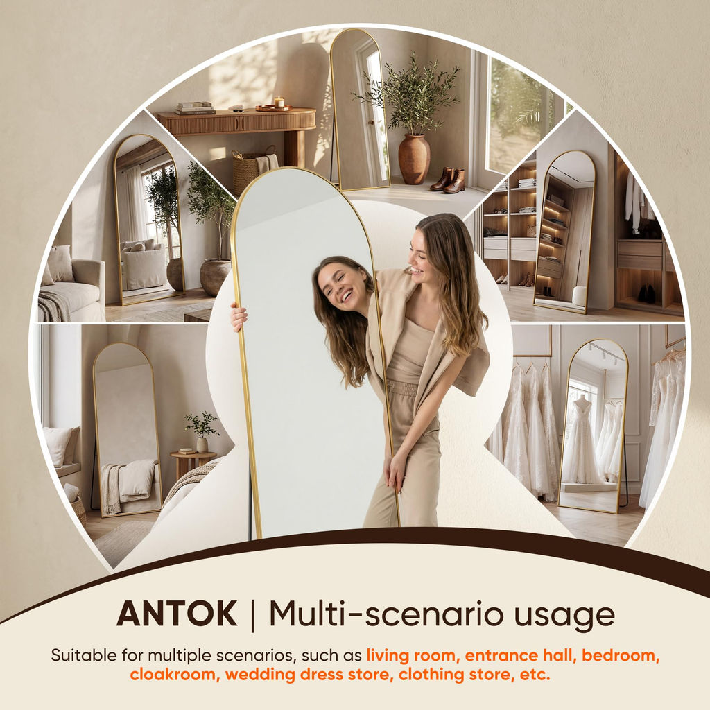 Antok Full Length Floor Mirror, Aluminum Frame, Free Standing/Wall Mount/Leaning for Bedroom, Living Room, Dressing Room