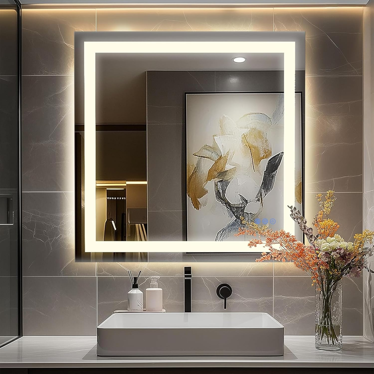 Antok LED Bathroom Mirror with Lights, Anti-Fog, Dimmable, Lighted Vanity Mirror with Tempered Glass, Memory Function, Safe Use, Horizontal, Vertical, Wall Mount