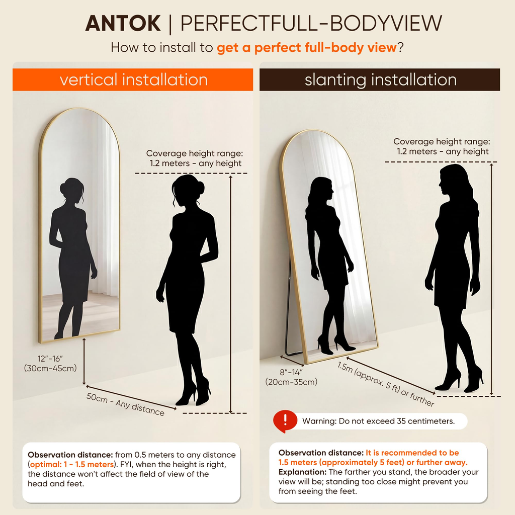 Antok Full Length Floor Mirror, Aluminum Frame, Free Standing/Wall Mount/Leaning for Bedroom, Living Room, Dressing Room