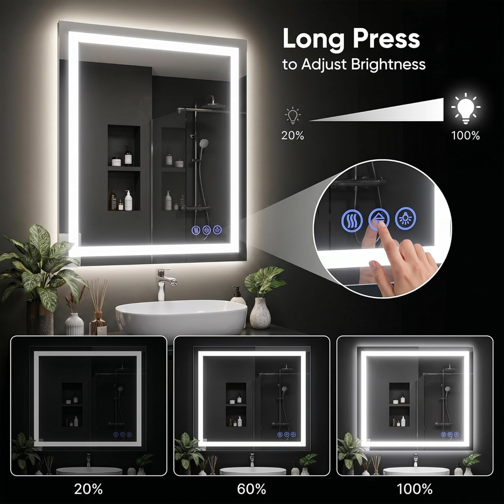 Antok LED Bathroom Mirror with Lights, Anti-Fog, Dimmable, Lighted Vanity Mirror with Tempered Glass, Memory Function, Safe Use, Horizontal, Vertical, Wall Mount