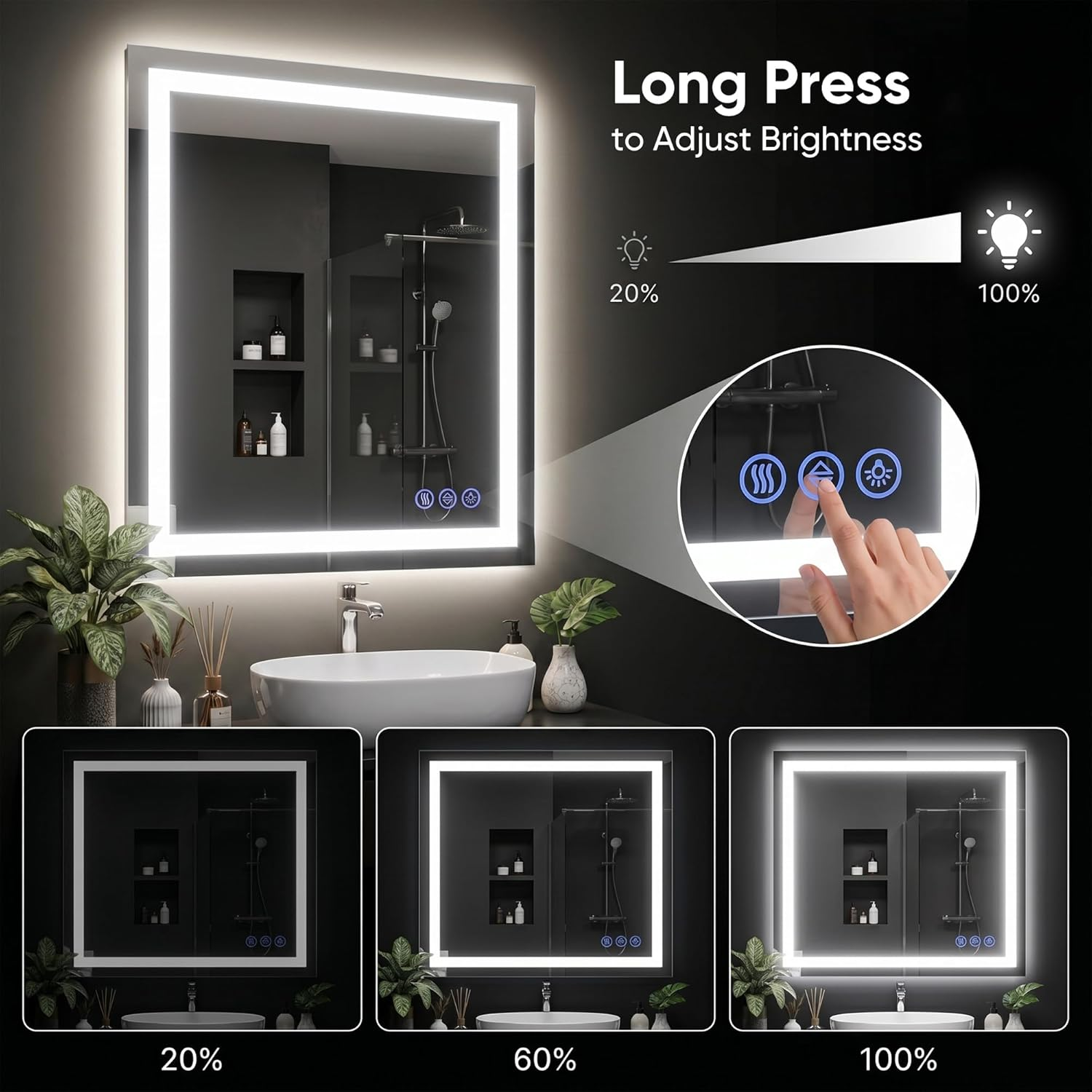 Antok LED Bathroom Mirror with Lights, Anti-Fog, Dimmable, Lighted Vanity Mirror with Tempered Glass, Memory Function, Safe Use, Horizontal, Vertical, Wall Mount