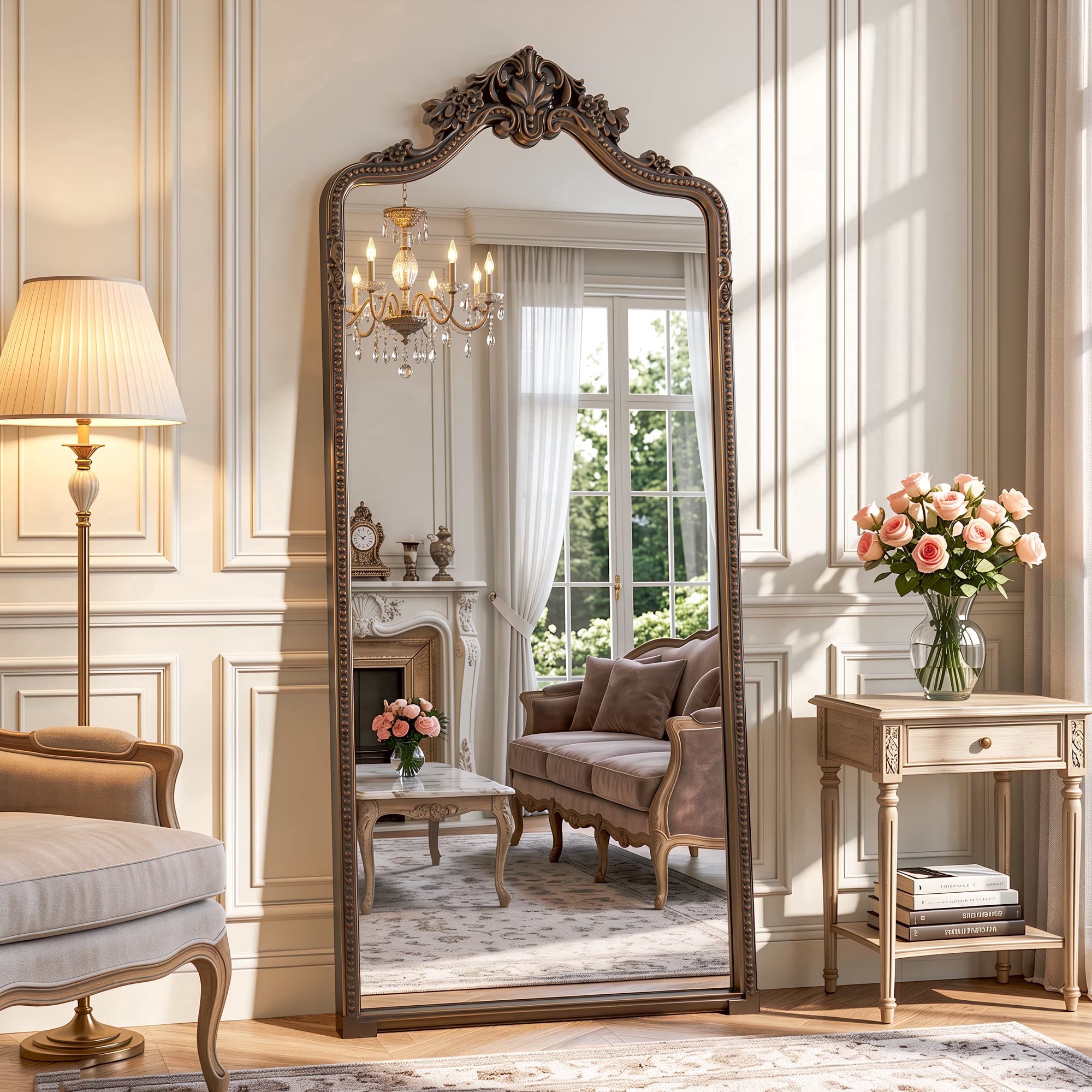 Antok Ornate Arched Full Length Mirror, Vintage Carved Metal Frame Floor Mirror