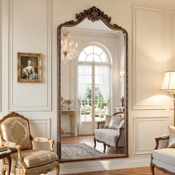 Antok Ornate Arched Full Length Mirror, Vintage Carved Metal Frame Floor Mirror