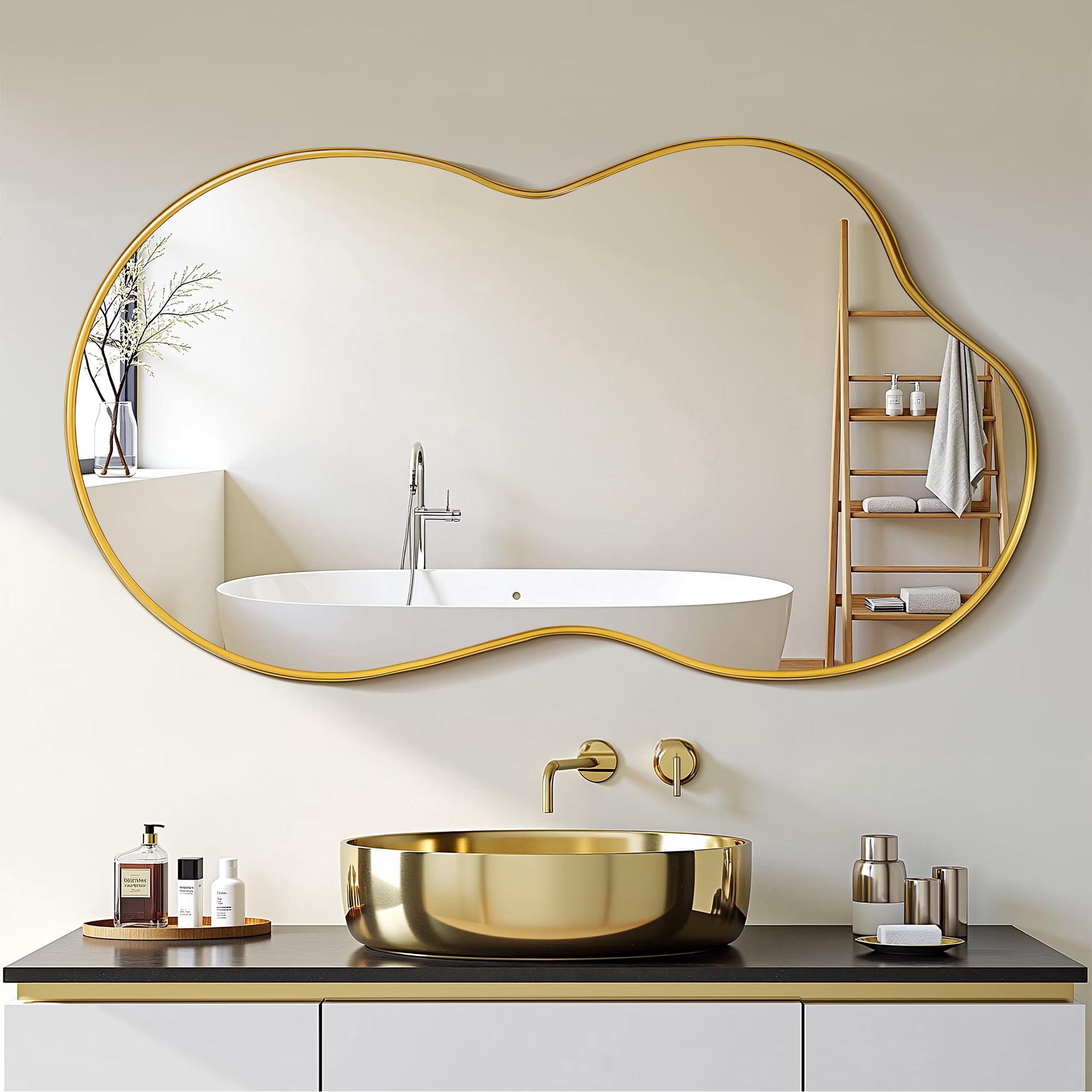 Antok Irregular Wall Mirror, Asymmetrical Metal Frame Bathroom Vanity Mirror