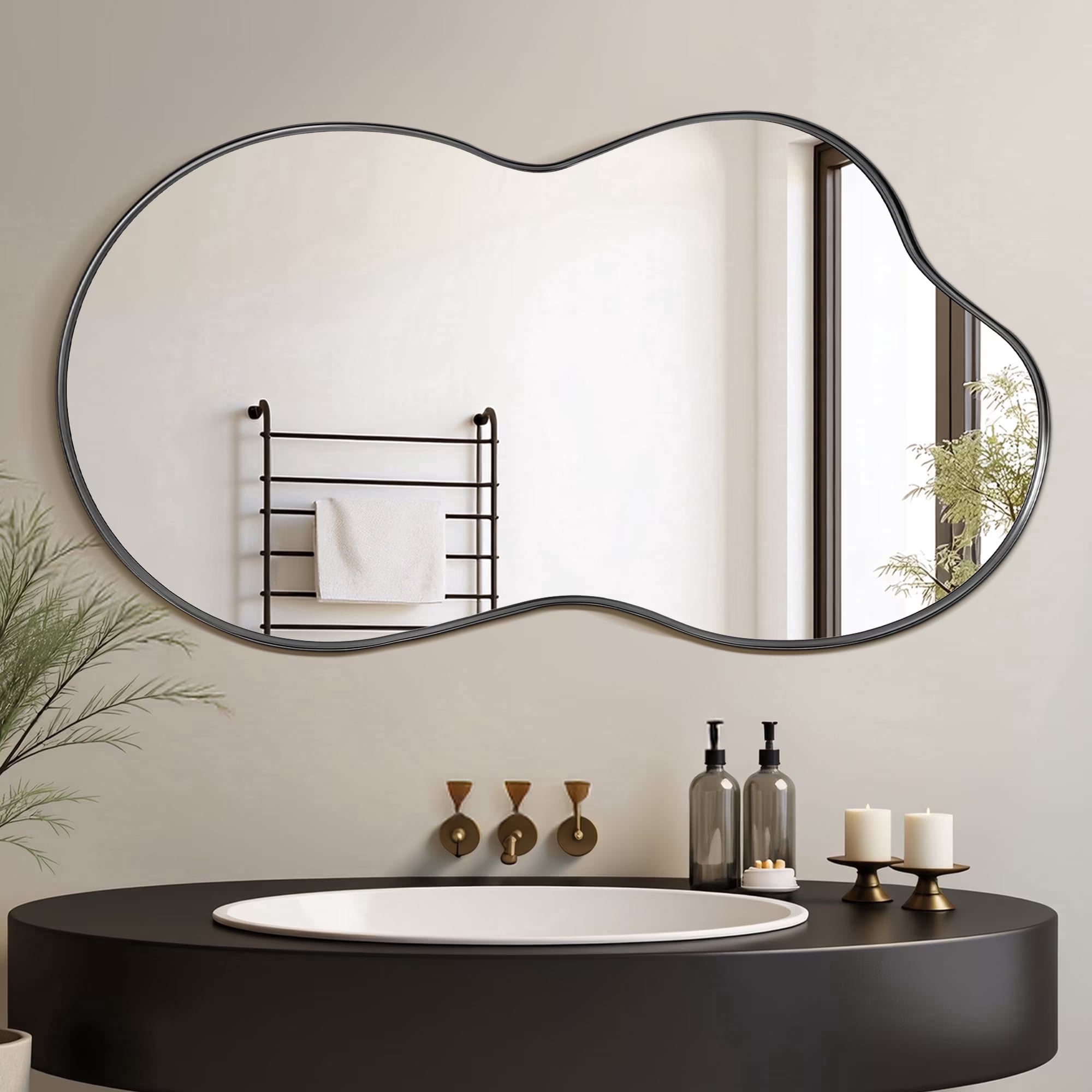 Antok Irregular Wall Mirror, Asymmetrical Metal Frame Bathroom Vanity Mirror
